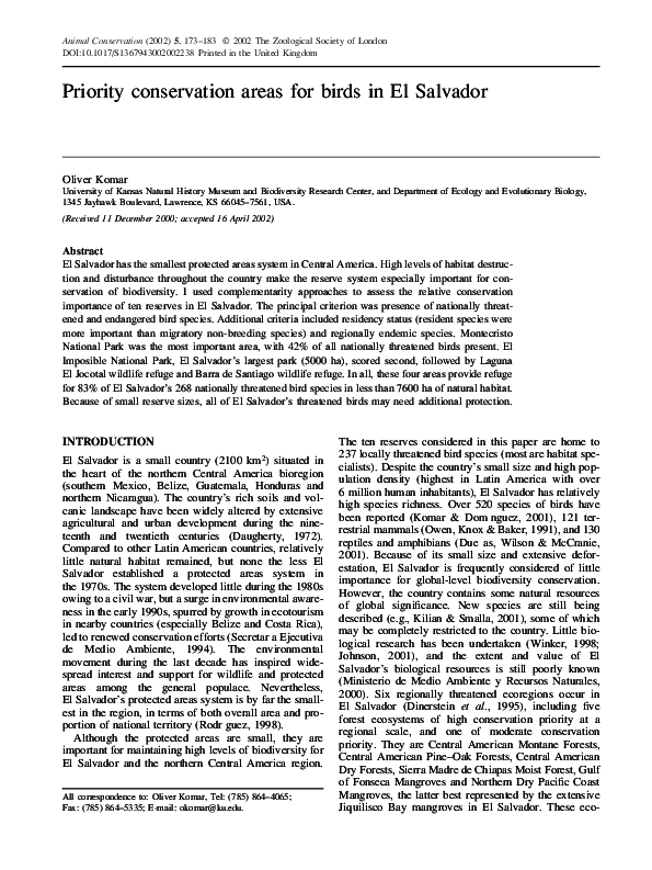 (PDF) Priority conservation areas for birds in El Salvador