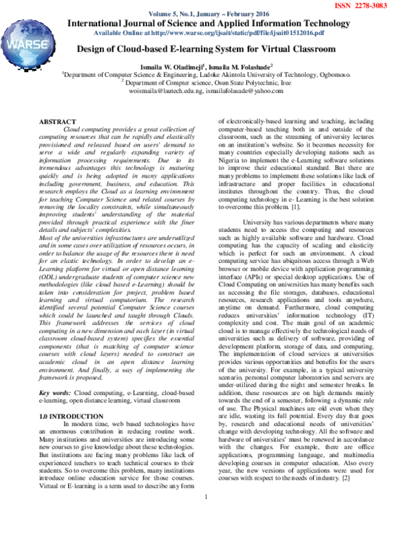 Pdf Design Of Cloud Based E Learning System For Virtual Classroom Pdf Design Of Cloud Based E Learning System For Virtual Classroom