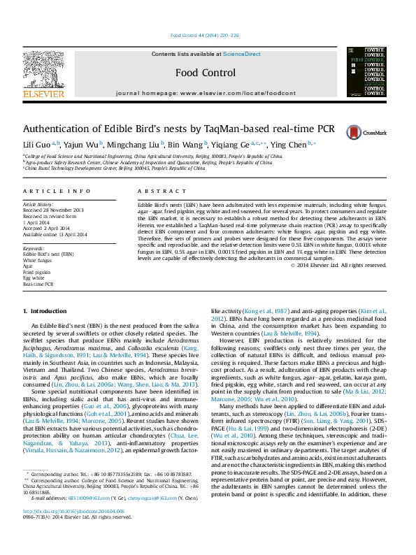 (PDF) Authentication of Edible Bird's nests by TaqManbased realtime PCR Basyirah Muda (PDF) Authentication of Edible Bird's nests by TaqManbased realtime PCR Basyirah Muda
