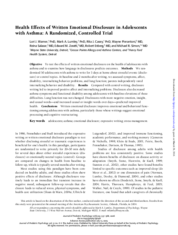 (PDF) Health Effects of Written Emotional Disclosure in Adolescents ...