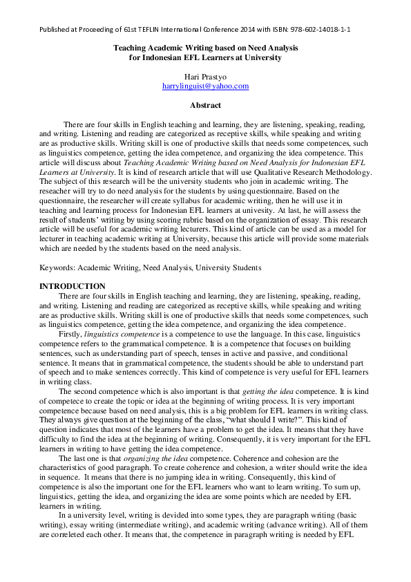 (PDF) Teaching Academic Writing based on Need Analysis for Indonesian ...