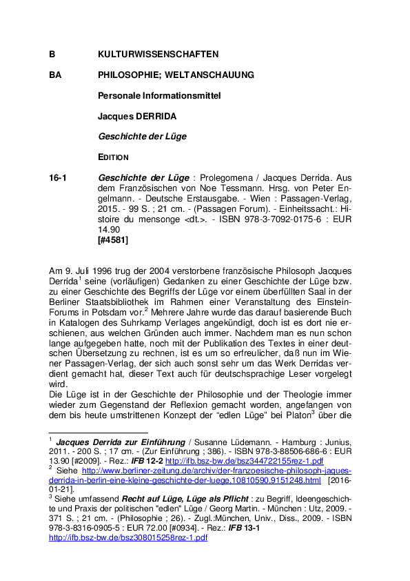 Pdf Rezension Zu Derridas Geschichte Der Luge Till Kinzel Academia Edu