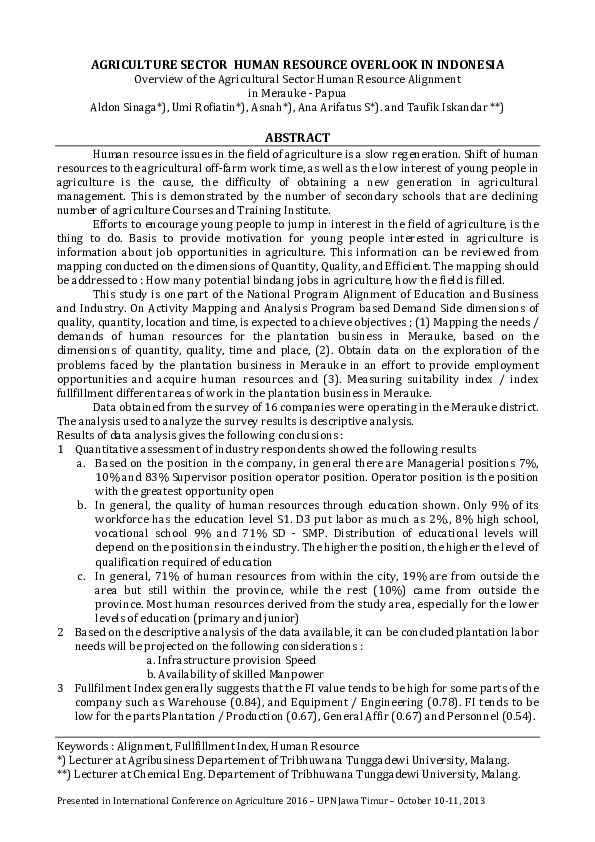 (PDF) AGRICULTURE SECTOR HUMAN RESOURCE OVERLOOK IN INDONESIA Overview of the Agricultural