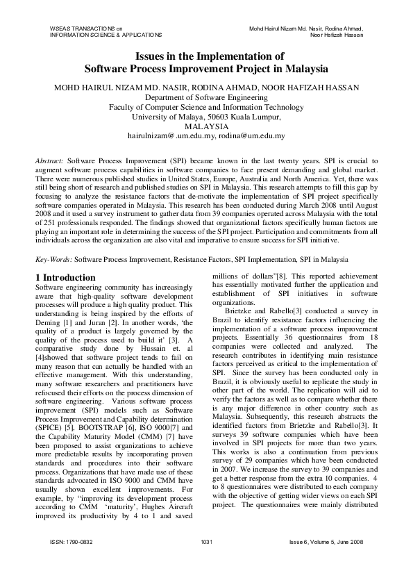 (PDF) Issues In the Implementation of Software Process Improvement ...
