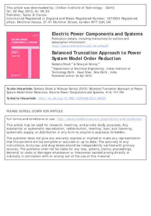 (PDF) Balanced Truncation Approach to Power System Model Order Reduction