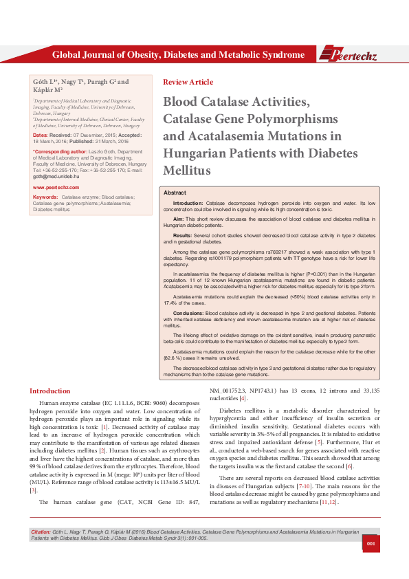 (PDF) Blood Catalase Activities, Catalase Gene Polymorphisms and ...
