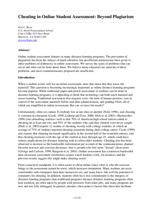 (PDF) Cheating in Online Student Assessment: Beyond Plagiarism