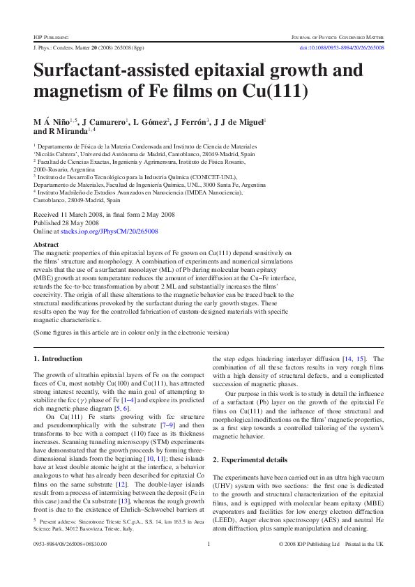 (PDF) Surfactant-assisted epitaxial growth and magnetism of Fe films on ...