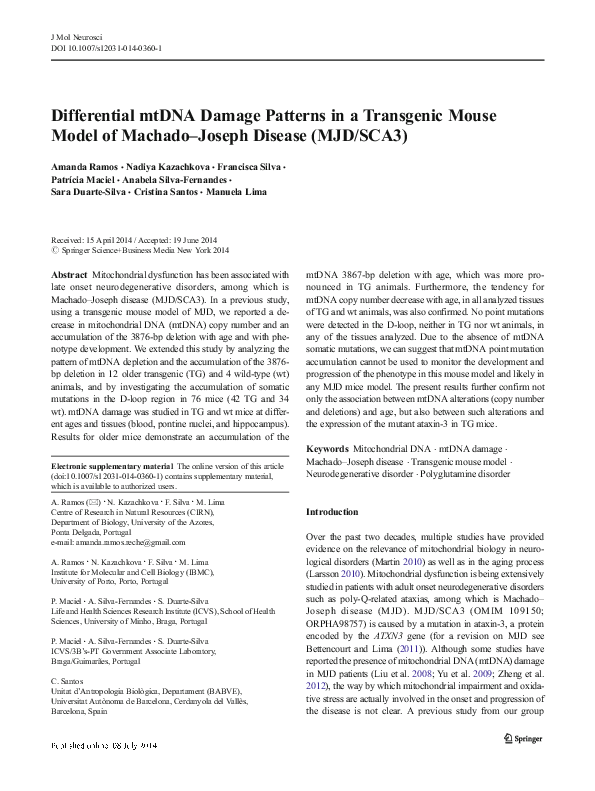 (PDF) Differential mtDNA Damage Patterns in a Transgenic Mouse Model of ...