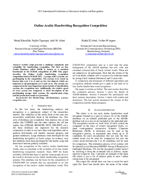 (PDF) Online Arabic Handwriting Recognition Competition