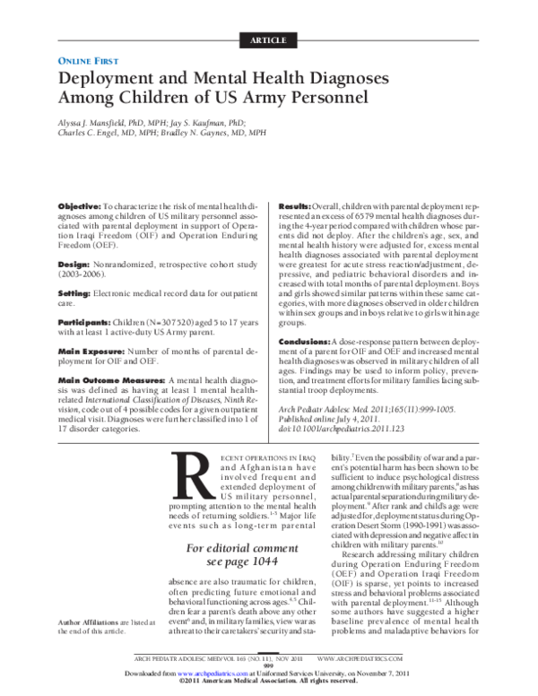 (PDF) Deployment and Mental Health Diagnoses Among Children of US Army ...