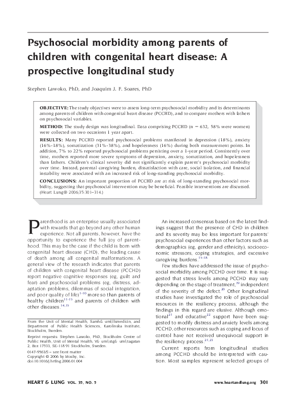 (PDF) Psychosocial morbidity among parents of children with congenital ...