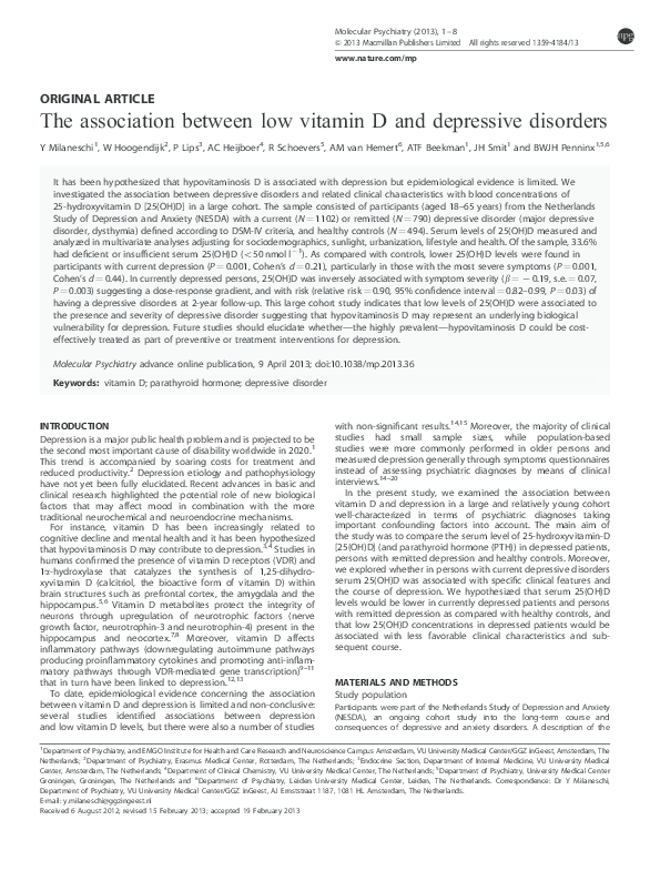 (PDF) The association between low vitamin D and depressive disorders
