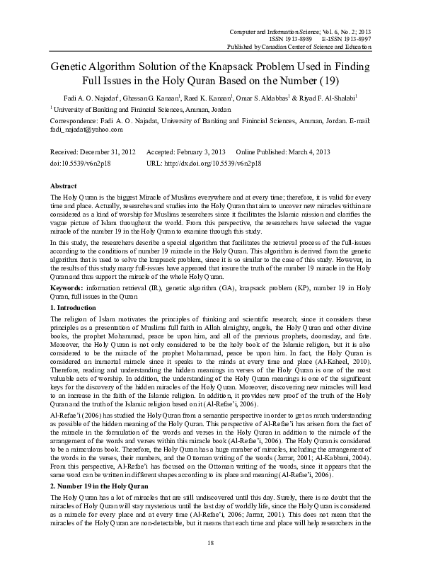 (PDF) Genetic Algorithm Solution of the Knapsack Problem Used in ...