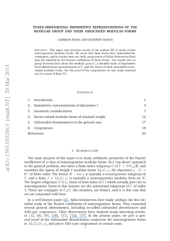 (PDF) Threedimensional imprimitive representations of the modular group and their associated