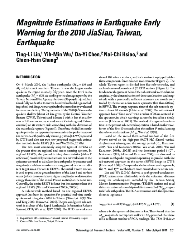 (PDF) Magnitude Estimations in Earthquake Early Warning for the 2010
