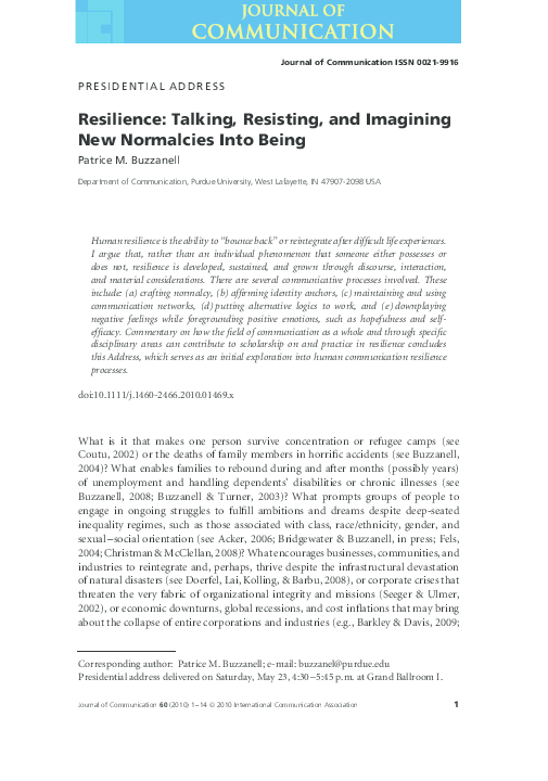 Pdf Resilience Talking Resisting And Imagining New Normalcies Into Being Patrice M Buzzanell Academia Edu