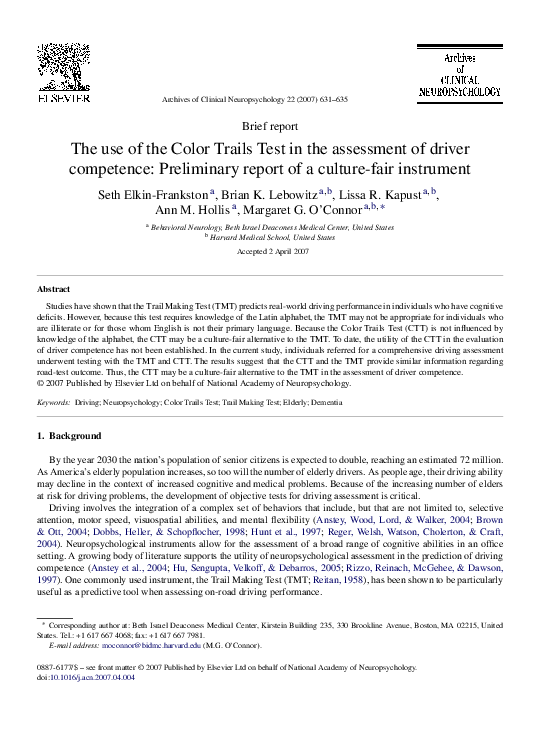 (PDF) The use of the Color Trails Test in the assessment of driver ...