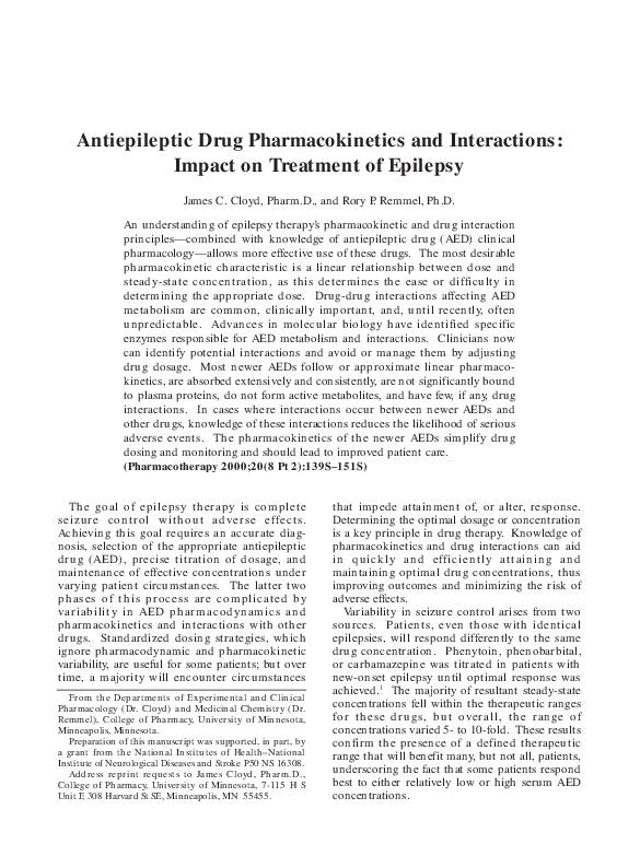 (PDF) Antiepileptic Drug Pharmacokinetics and Interactions: Impact on ...