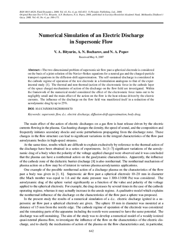 (PDF) Numerical simulation of an electric discharge in supersonic flow