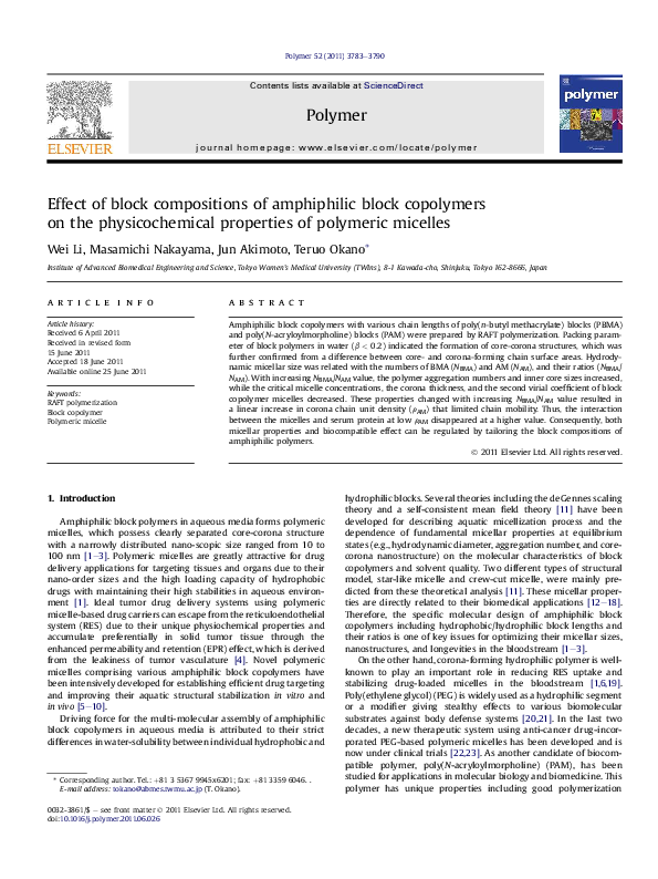 (PDF) Effect of block compositions of amphiphilic block copolymers on ...
