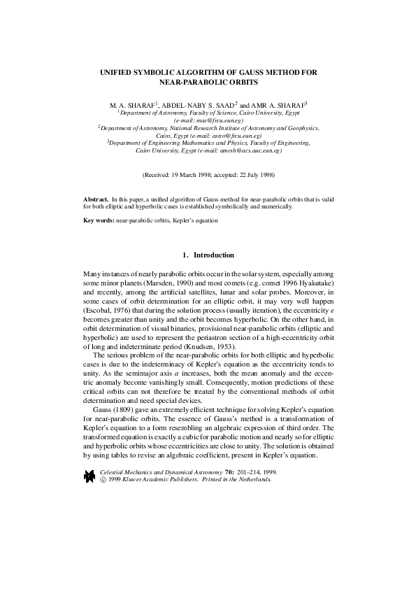 (PDF) Unified Symbolic Algorithm of Gauss Method for Near-Parabolic Orbits