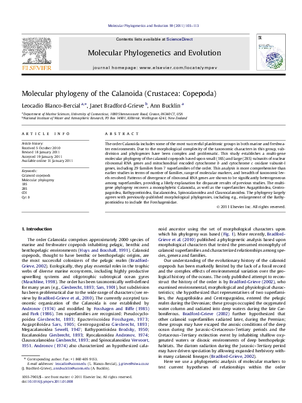 (PDF) Molecular phylogeny of the Calanoida (Crustacea: Copepoda)