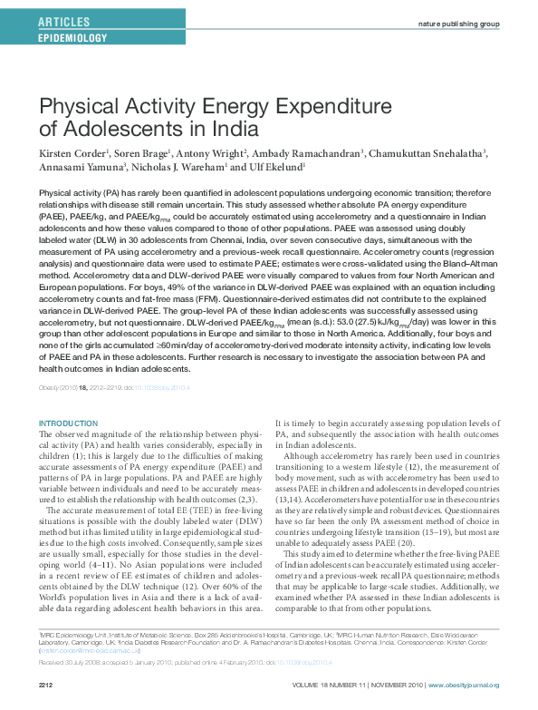 (PDF) Physical Activity Energy Expenditure of Adolescents in India