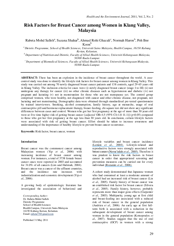 (PDF) Risk Factors for Breast Cancer among Women in Klang Valley, Malaysia