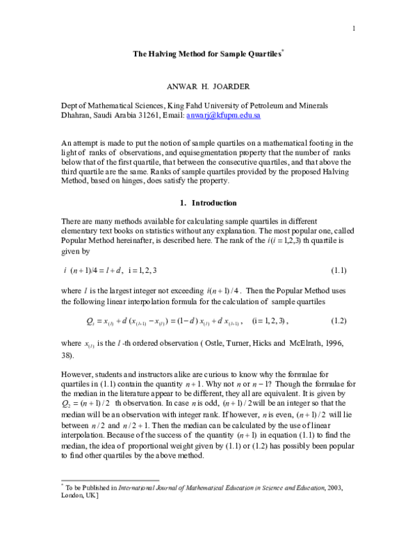 (PDF) Classroom note: The halving method for sample quartiles
