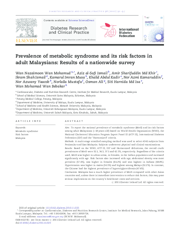 (PDF) Prevalence of metabolic syndrome and its risk factors in adult ...
