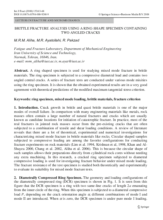 (PDF) Brittle Fracture Analysis Using a RingShape Specimen Containing