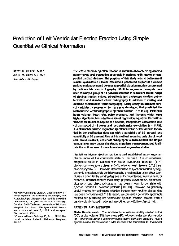 (PDF) Prediction of left ventricular ejection fraction using simple