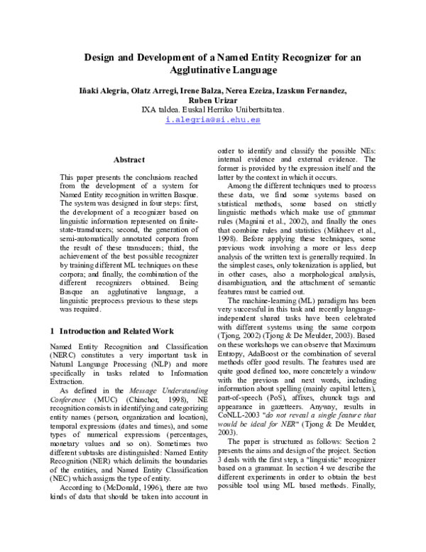 (PDF) Design and Development of a Named Entity Recognizer for an ...
