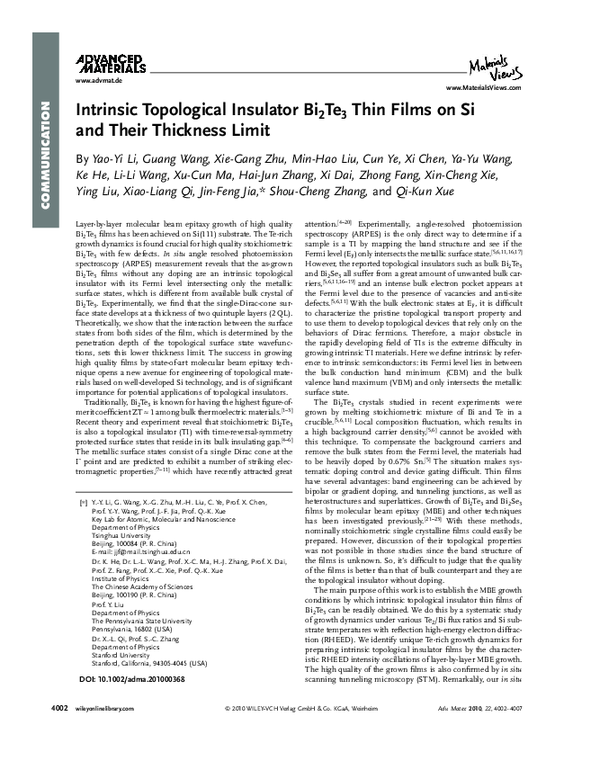 (PDF) Intrinsic Topological Insulator Bi2Te3 Thin Films on Si and Their ...
