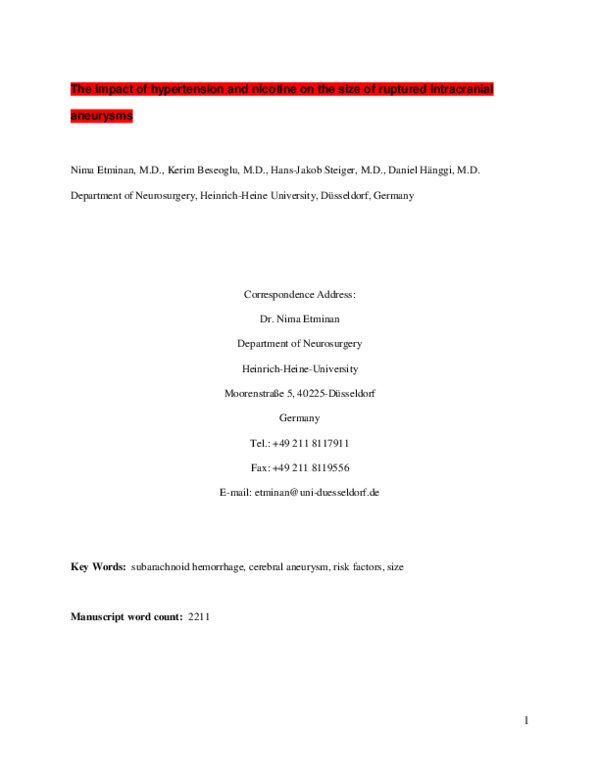 (PDF) The impact of hypertension and nicotine on the size of ruptured ...