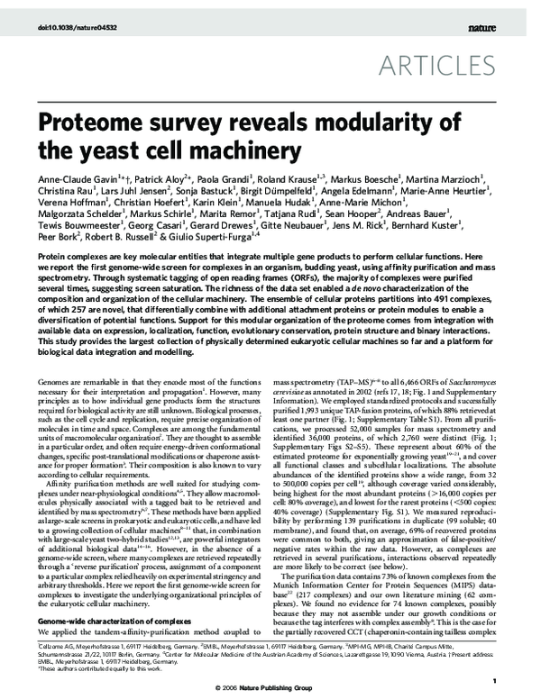 (PDF) Proteome survey reveals modularity of the yeast cell machinery