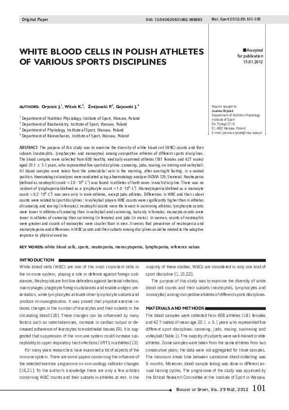 (PDF) White blood cells in Polish athletes of various sports disciplines