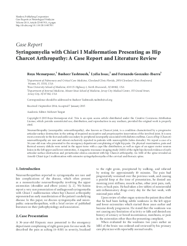 (PDF) Syringomyelia with Chiari I Malformation Presenting as Hip ...