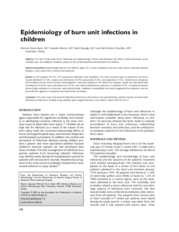 (PDF) Epidemiology of burn unit infections in children Mehmet Geyik