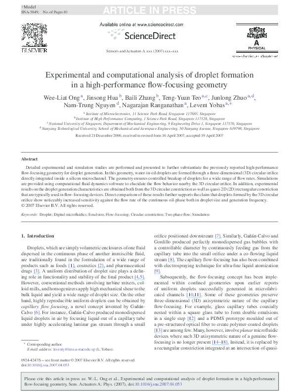 (PDF) Experimental and computational analysis of droplet formation in a ...