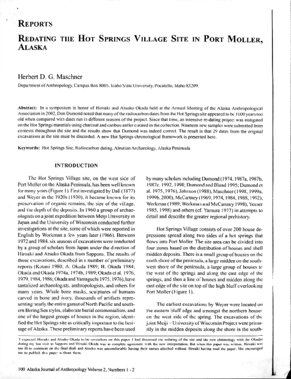 (PDF) Redating the Hot Springs Village Site Herbert Maschner