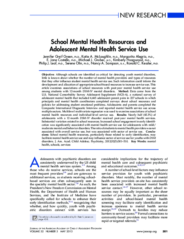 (PDF) School mental health resources and adolescent mental health ...