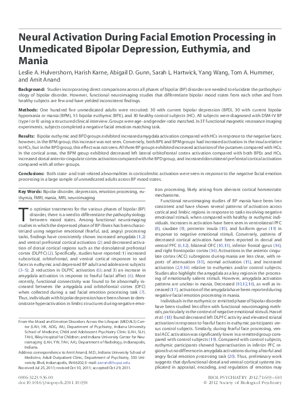 (PDF) Neural Activation During Facial Emotion Processing in Unmedicated ...