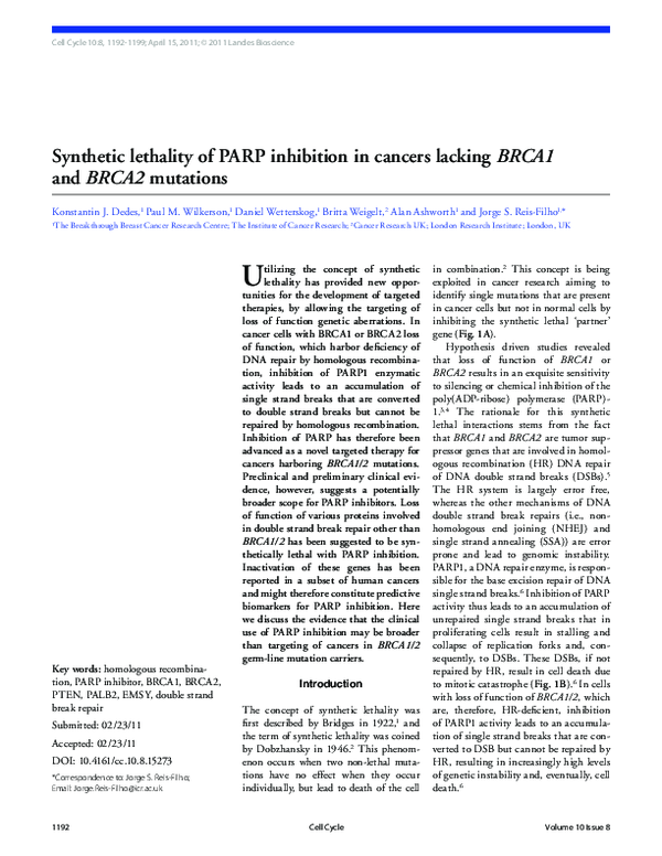 (PDF) Synthetic lethality of PARP inhibition in cancers lacking BRCA1 ...