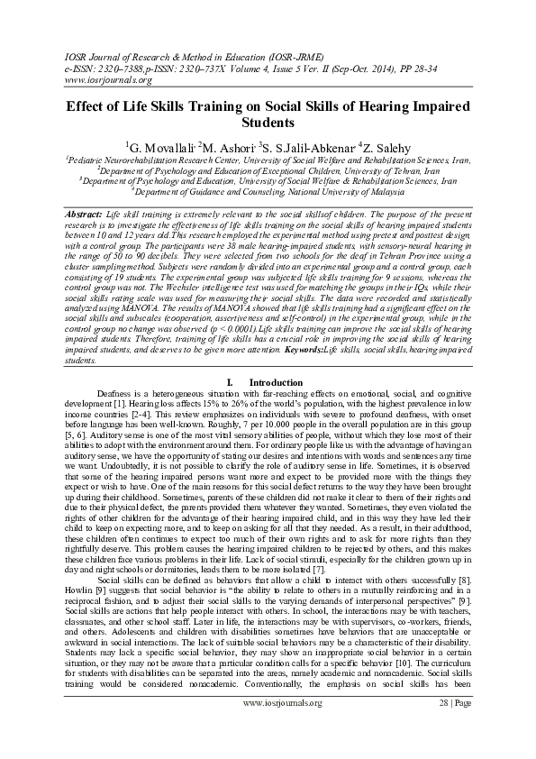 (PDF) Effect of Life Skills Training on Social Skills of Hearing