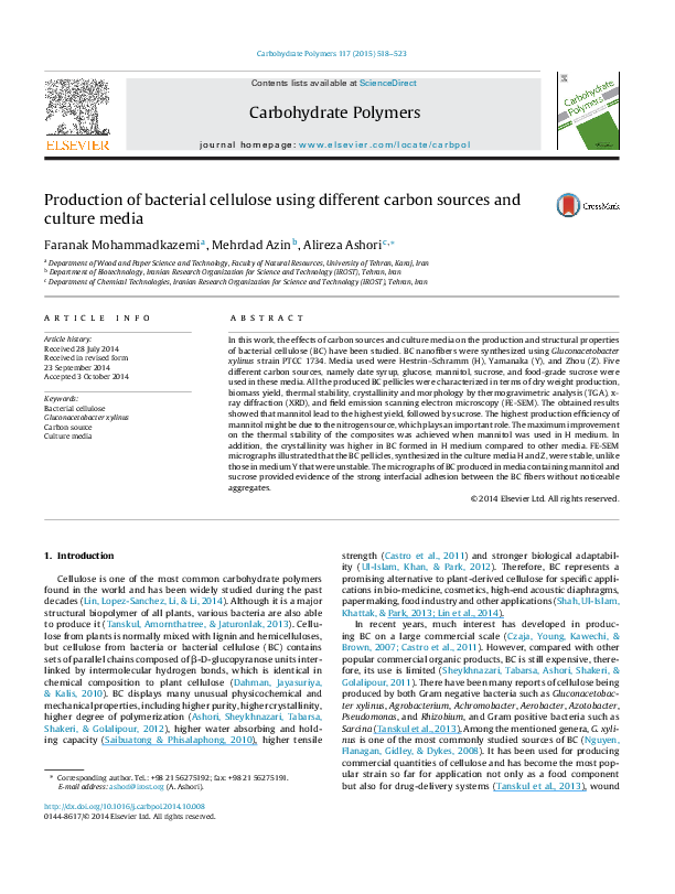 (PDF) Production of bacterial cellulose using different carbon sources ...