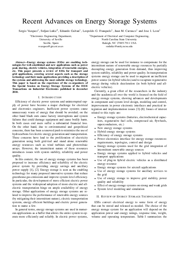 (PDF) Recent advances on Energy Storage Systems Sergio Vazquez