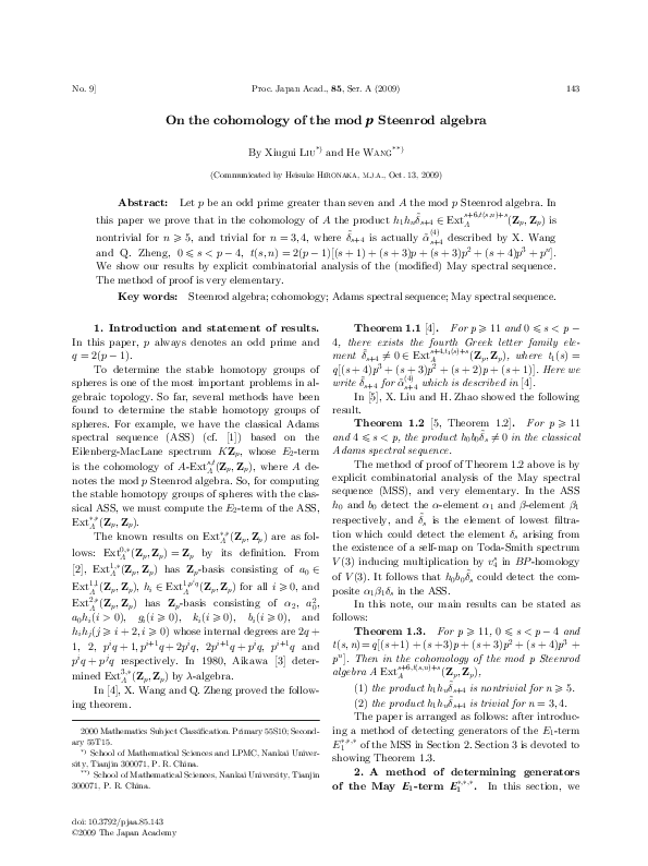 (PDF) On the cohomology of the mod p Steenrod algebra He Wang