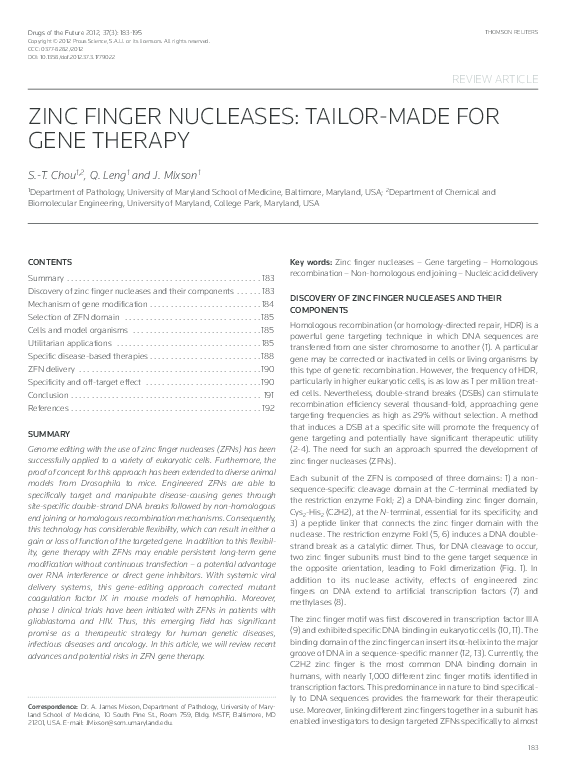 (PDF) Zinc finger nucleases: Tailor-made for gene therapy